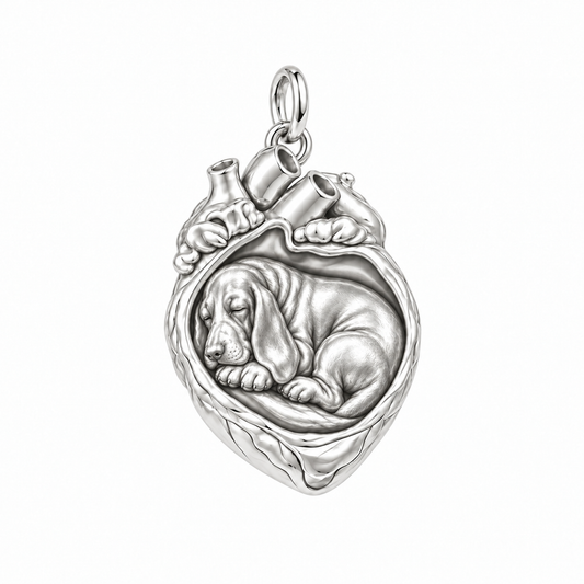 Basset Hound — In My Heart Sleeping Pet Charm and Polyester Cord Bracelet Set — Silver