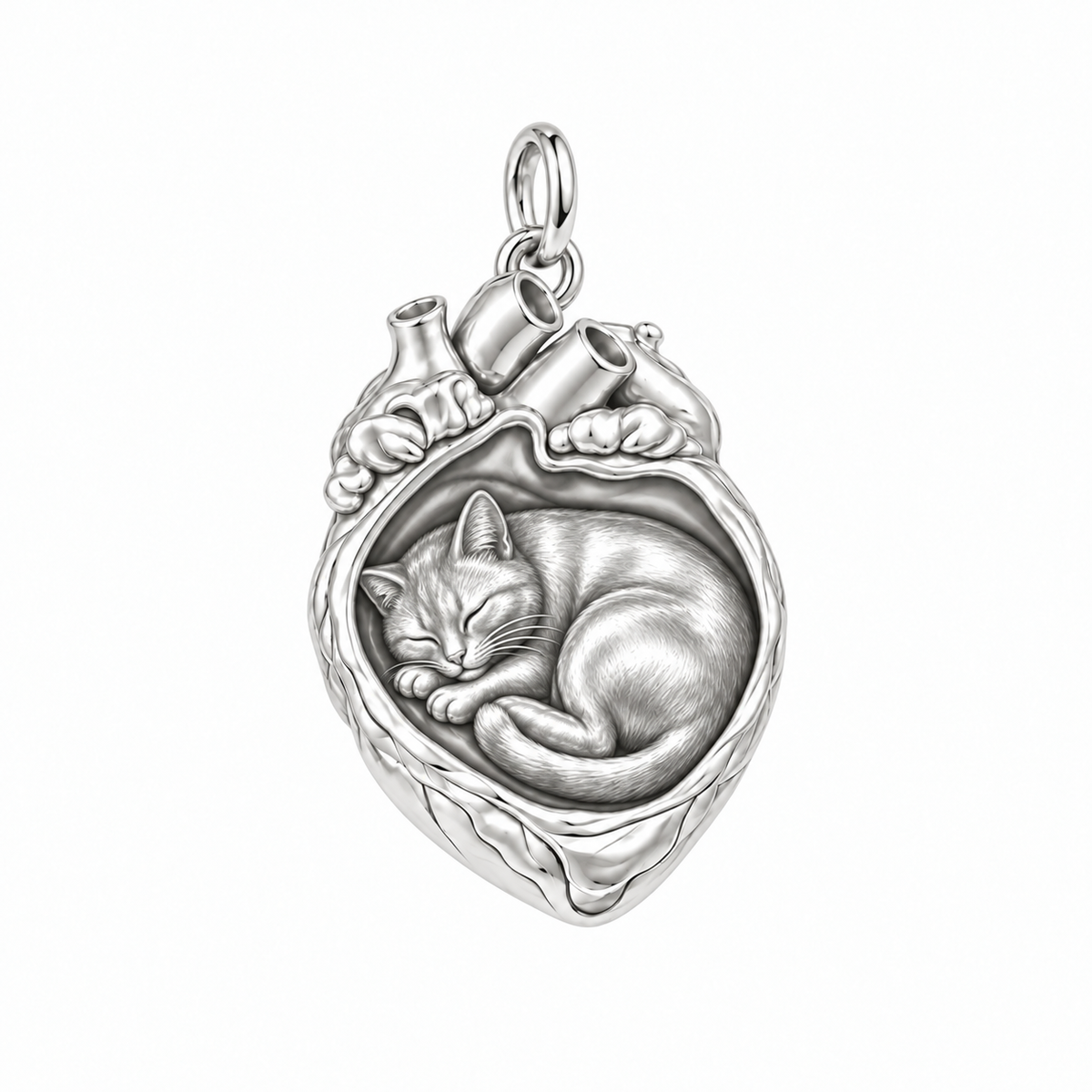 Domestic Shorthair — In My Heart Sleeping Pet Charm and Polyester Cord Bracelet Set — Silver