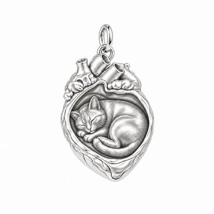 Domestic Shorthair — In My Heart Sleeping Pet Charm and Polyester Cord Bracelet Set — Silver