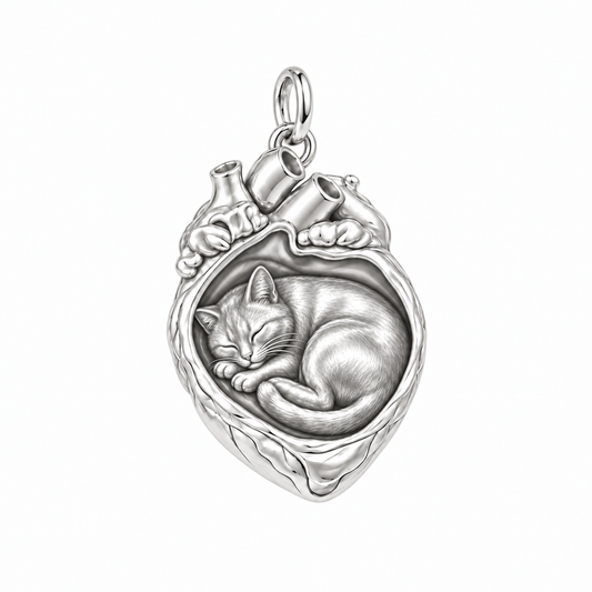 Domestic Shorthair — In My Heart Sleeping Pet Charm and Polyester Cord Bracelet Set — Silver