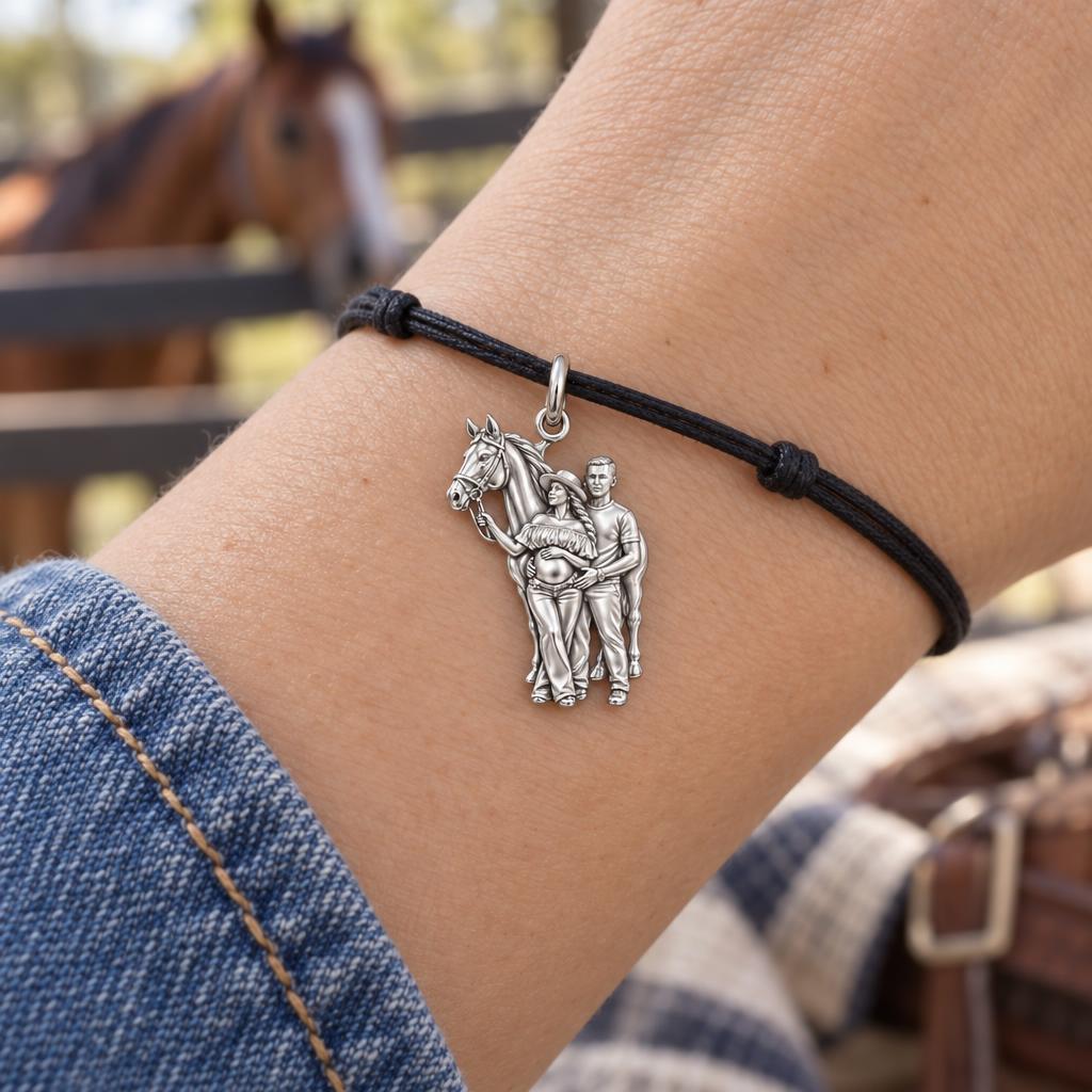 Stable Love Maternity Charm Bracelet – Personalized Mom Gift – worn on the wrist on a black cord bracelet