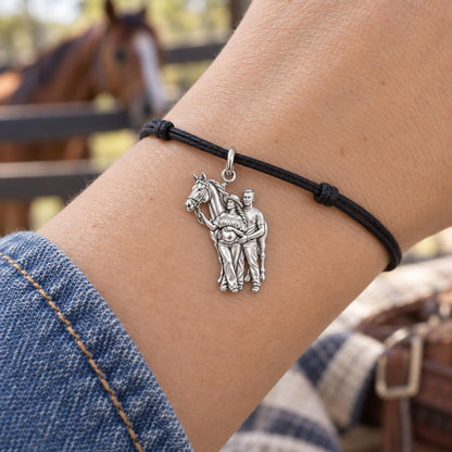 Stable Love Maternity Charm Bracelet – Personalized Mom Gift – worn on the wrist on a black cord bracelet