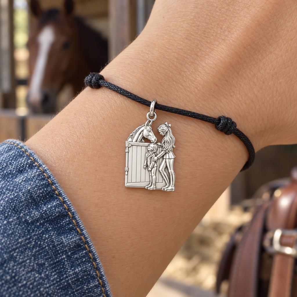 Stable Side Memories Charm Bracelet – Personalized Horse Lover Gift – worn on the wrist on a black cord bracelet