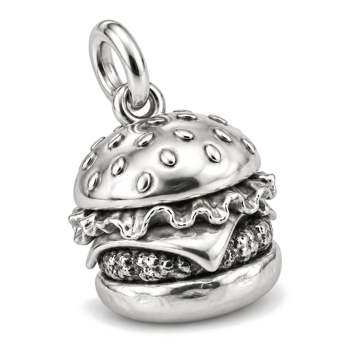 Stacked Burger Charm — Silver Super Macro | charm-topics-remaining-444-2026-09-14 | topic-107