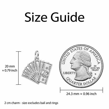 Stacked Cash Fan Charm Bracelet – Personalized Hustler Gift – size guide, 2 cm charm next to a quarter