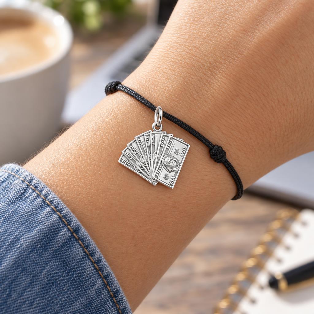 Stacked Cash Fan Charm Bracelet – Personalized Hustler Gift – worn on the wrist on a black cord bracelet