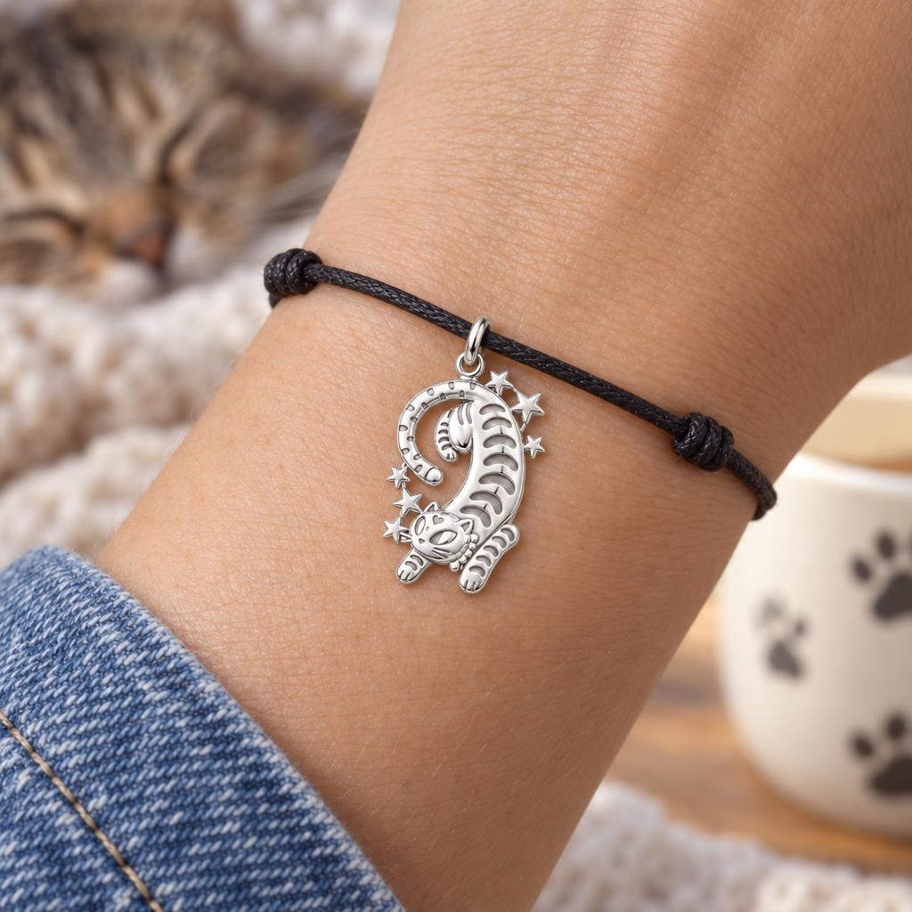 Starlight Stretchy Cat Charm Bracelet – Personalized Cat Mom Gift – worn on the wrist on a black cord bracelet