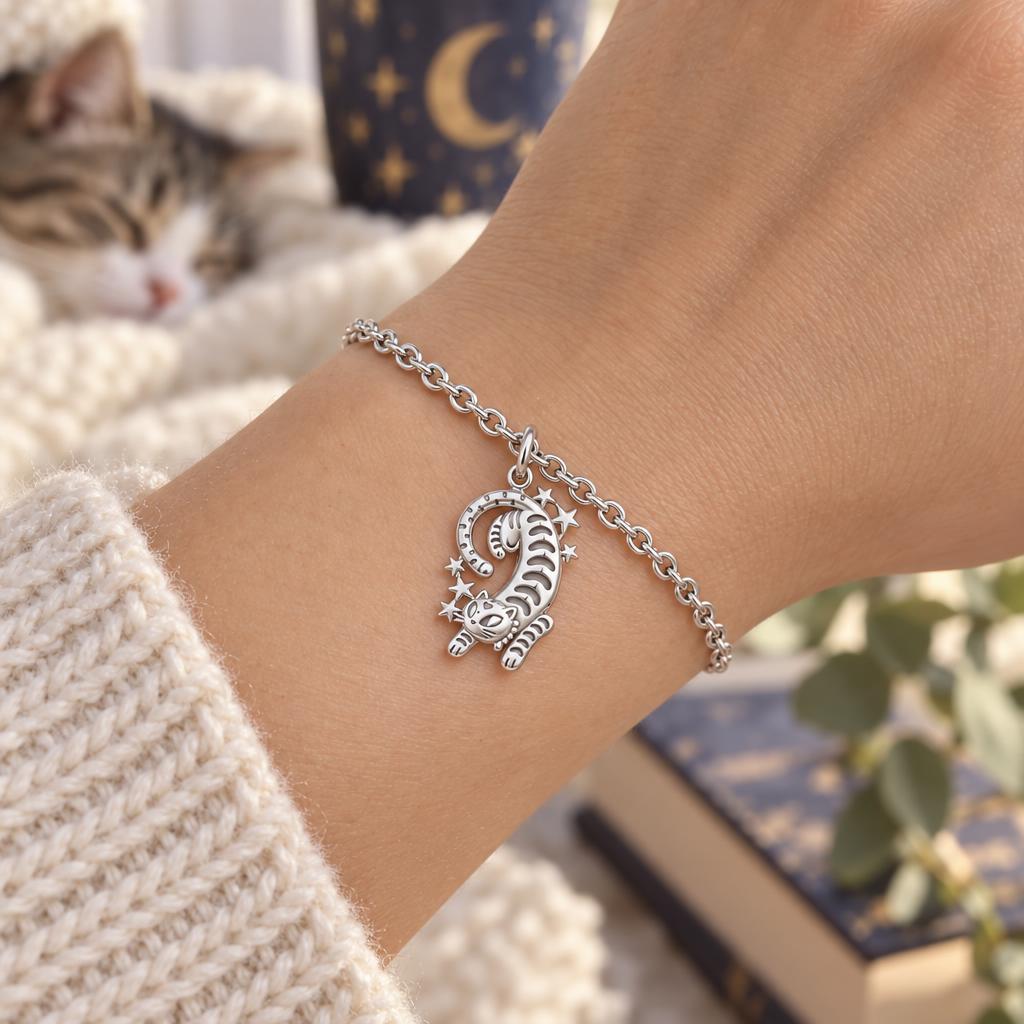 Starlight Stretchy Cat Charm Bracelet Set – worn / in use