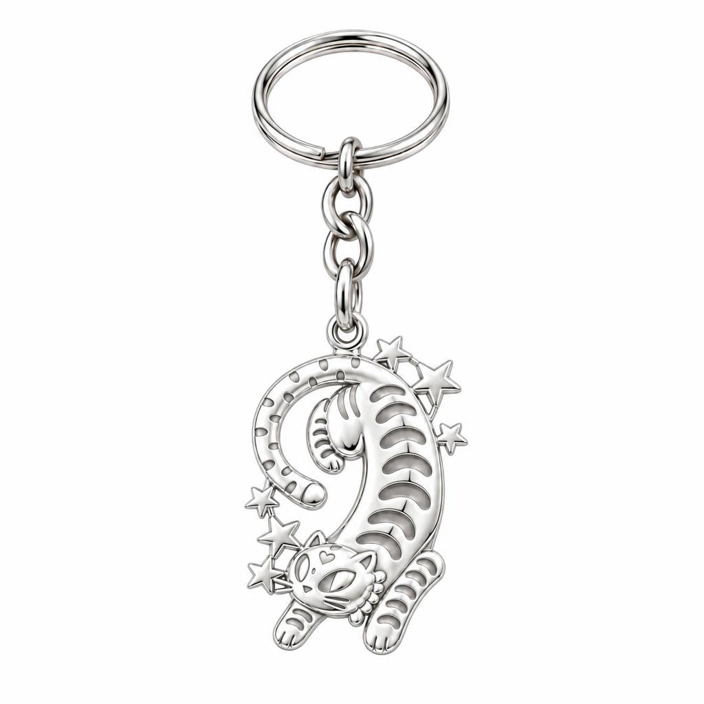 Starlight Stretchy Cat Charm Keychain – silver, front view