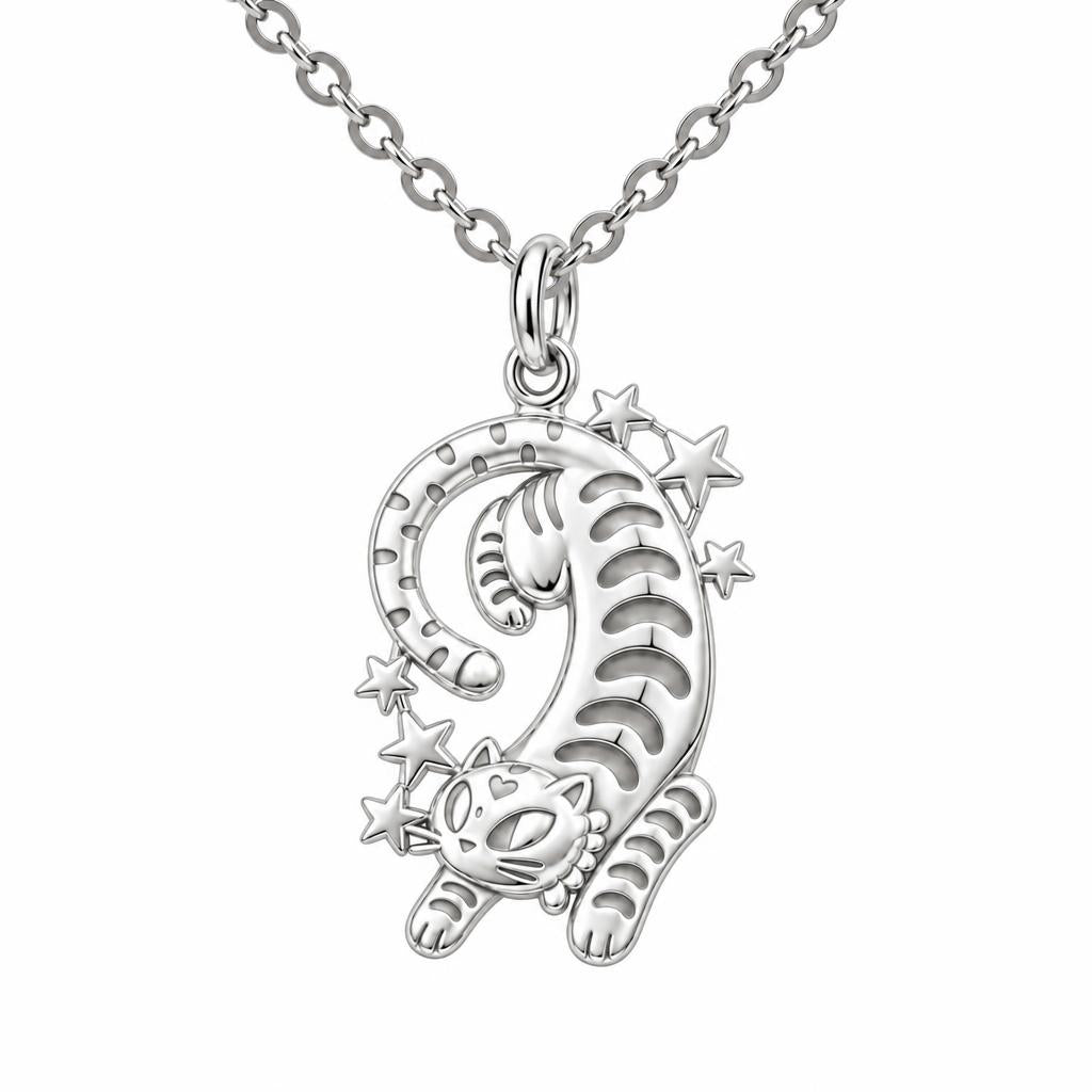 Starlight Stretchy Cat Charm Necklace Set – silver, front view