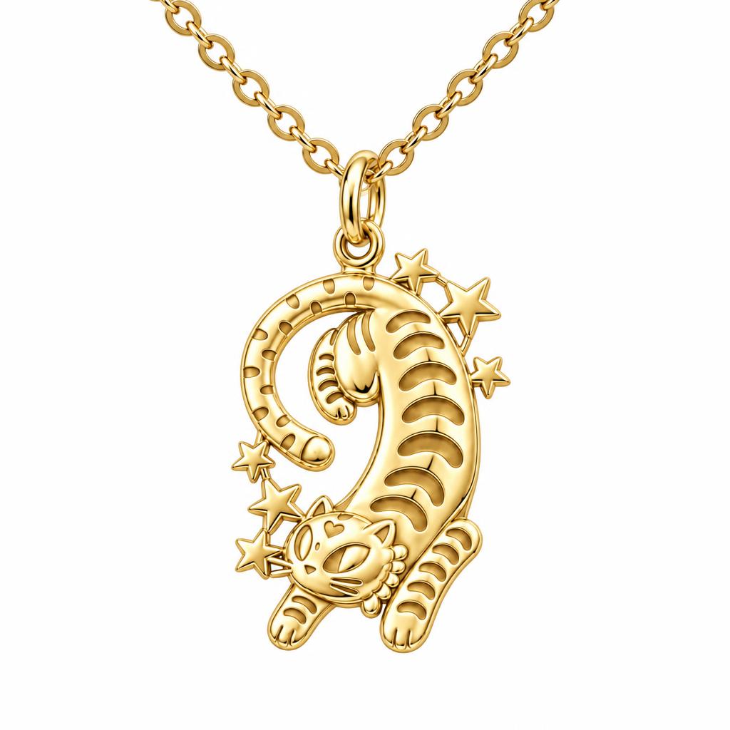 Starlight Stretchy Cat Charm Necklace Set – 18K gold, front view
