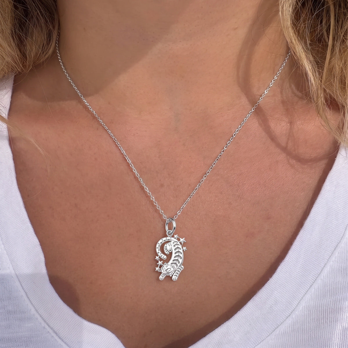 Starlight Stretchy Cat Charm Necklace Set – worn / in use