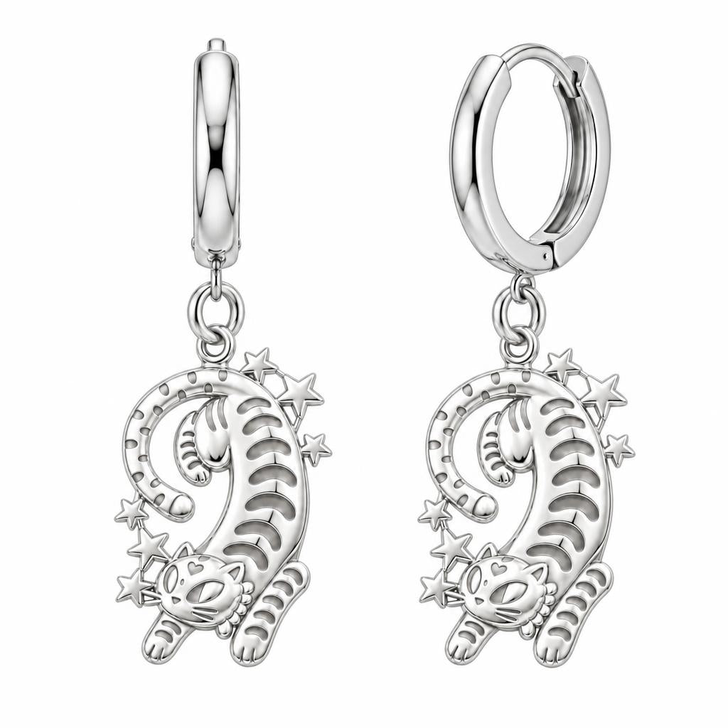 Starlight Stretchy Cat Huggie Charm Earrings – silver, front view