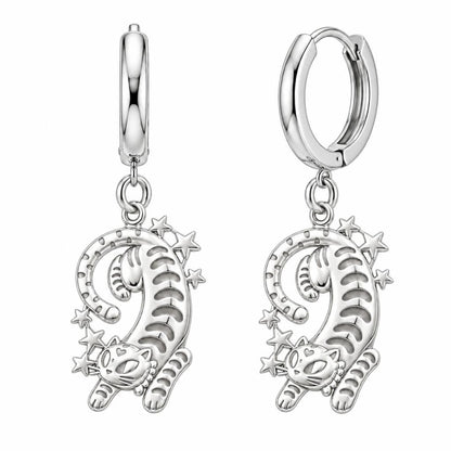 Starlight Stretchy Cat Huggie Charm Earrings – silver, front view