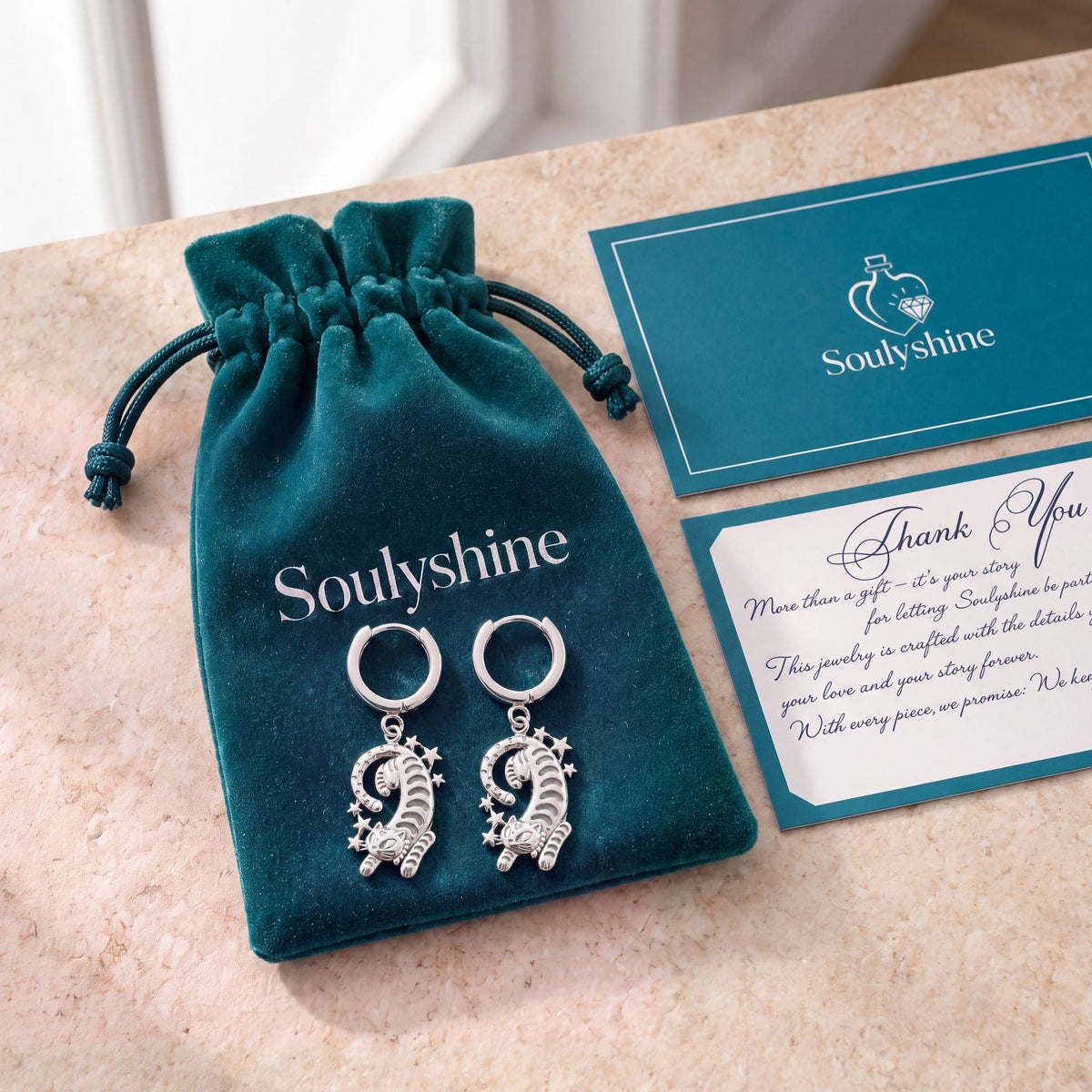 Starlight Stretchy Cat Huggie Charm Earrings – Soulyshine velvet pouch and gift card