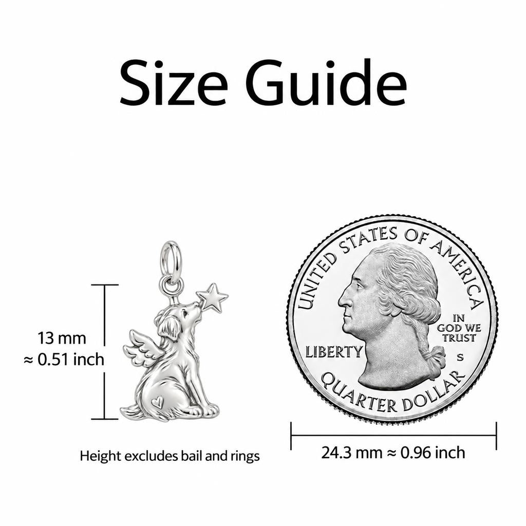 Starry Angel Pup Charm Bracelet – Personalized Dog Mom Gift – size guide, 13 mm charm next to a quarter
