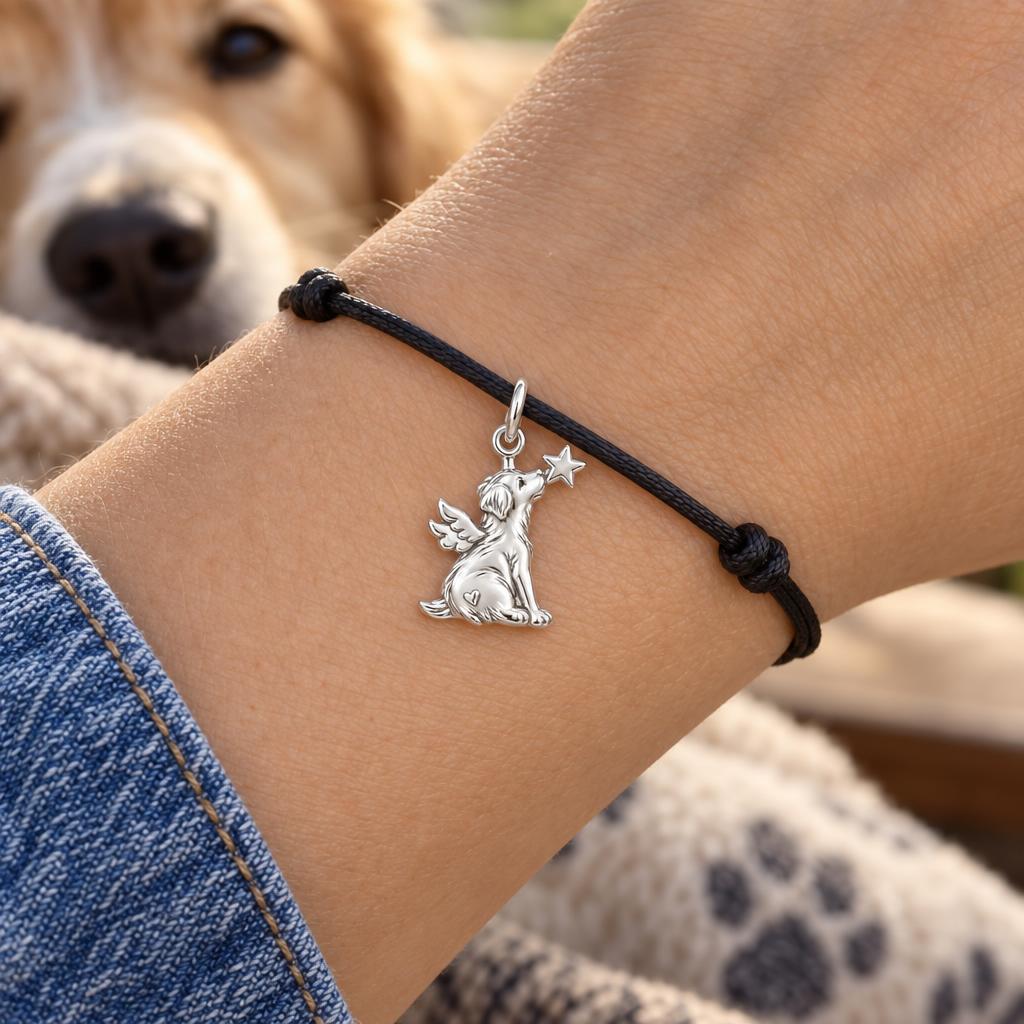 Starry Angel Pup Charm Bracelet – Personalized Dog Mom Gift – worn on the wrist on a black cord bracelet