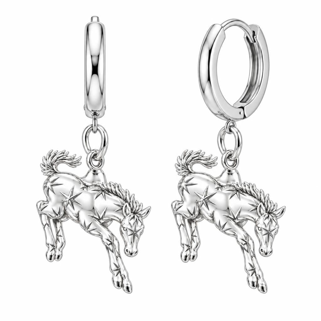 Starry Celestial Horse Huggie Charm Earrings – silver, front view