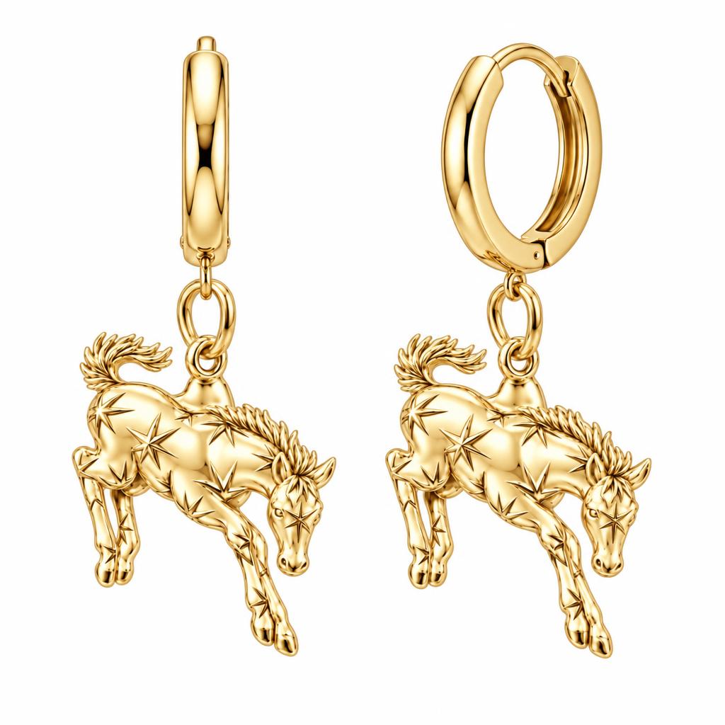 Starry Celestial Horse Huggie Charm Earrings – 18K gold, front view