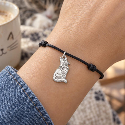 Starry Jester Cat Charm Bracelet – Personalized Cat Mom Gift – worn on the wrist on a black cord bracelet
