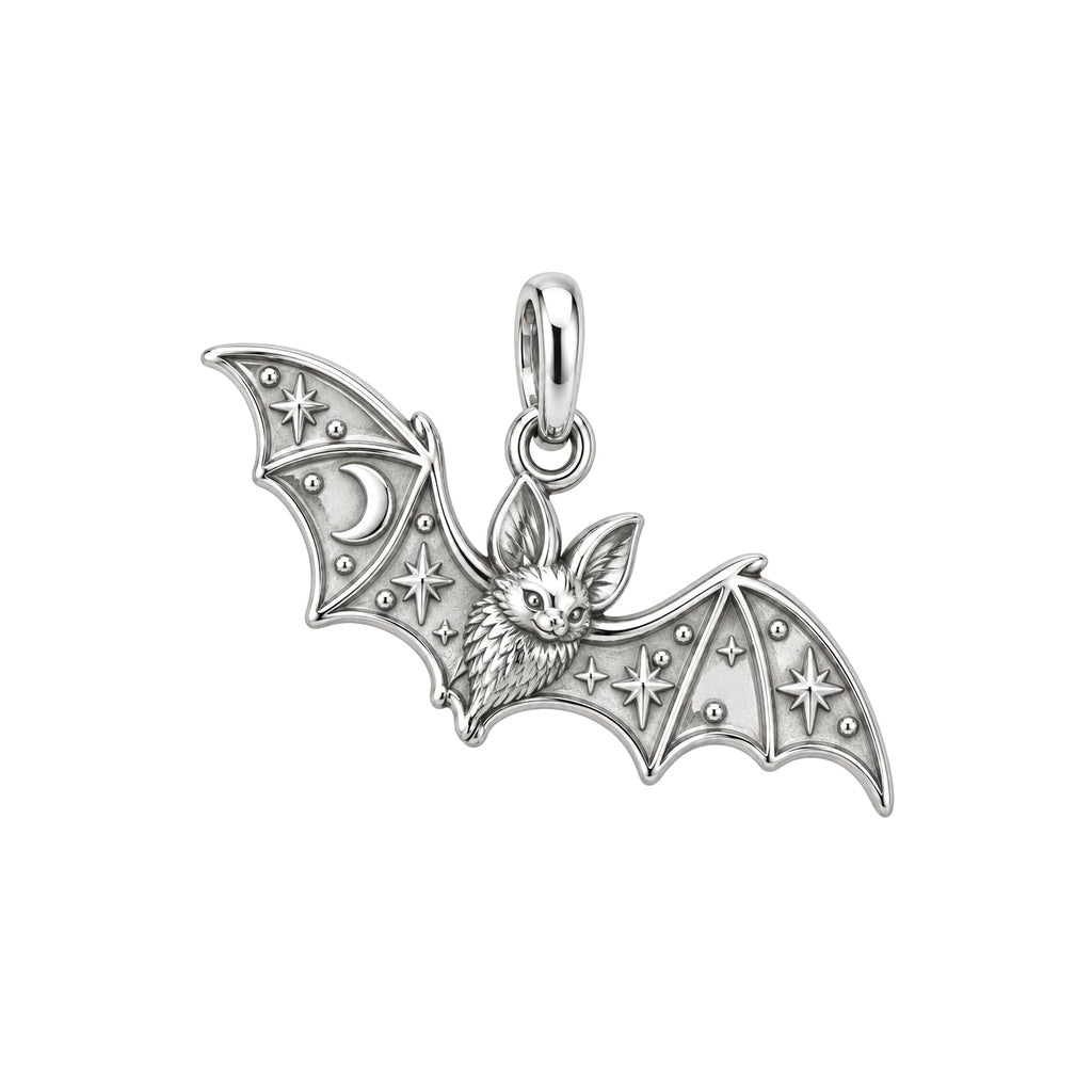 Starry Night Bat Charm Bracelet – Personalized Nature Gift – silver charm, front view