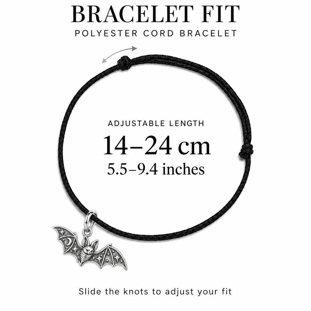 Starry Night Bat Charm Bracelet – Personalized Nature Gift – adjustable black cord bracelet, 14–24 cm