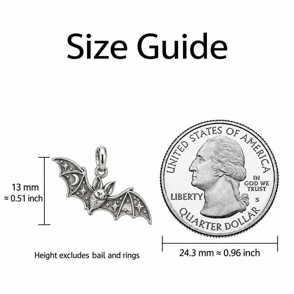 Starry Night Bat Charm Bracelet – Personalized Nature Gift – size guide, 13 mm charm next to a quarter