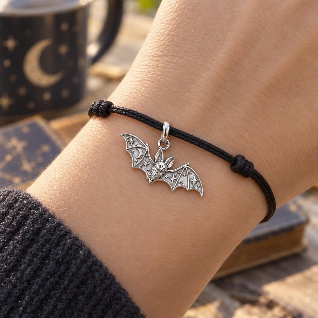 Starry Night Bat Charm Bracelet – Personalized Nature Gift – worn on the wrist on a black cord bracelet