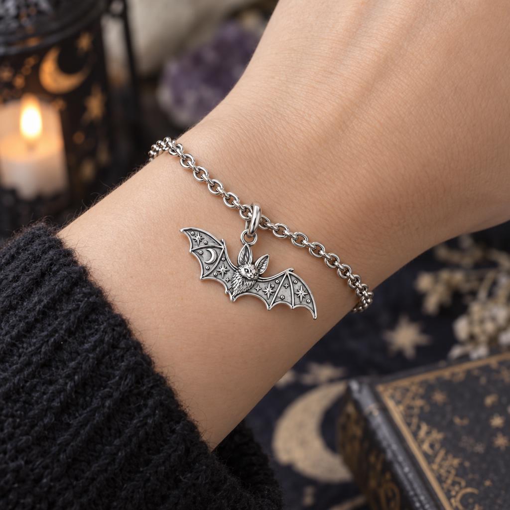 Starry Night Bat Charm Bracelet Set – worn / in use