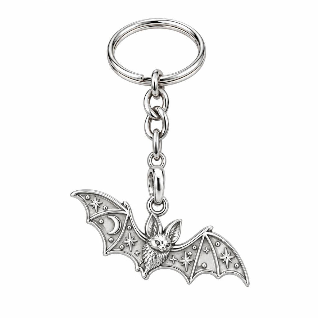 Starry Night Bat Charm Keychain – silver, front view