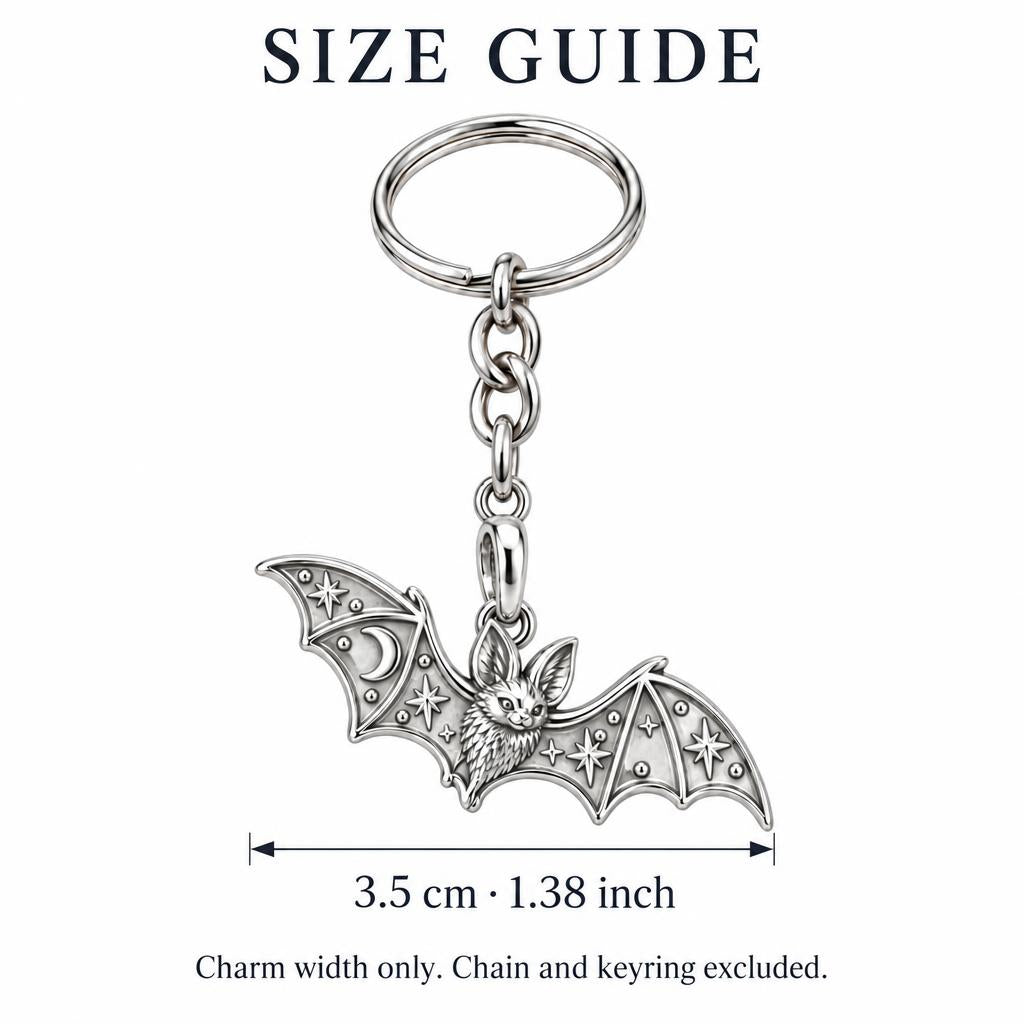 Starry Night Bat Charm Keychain – size guide, 3.5 cm (1.38 in) charm, chain and keyring excluded