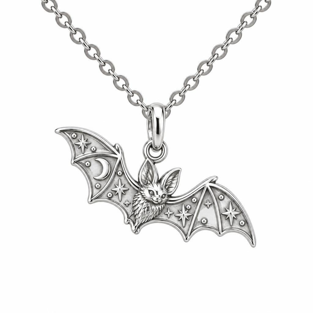 Starry Night Bat Charm Necklace Set – silver, front view