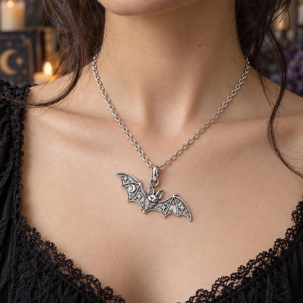 Starry Night Bat Charm Necklace Set – worn / in use
