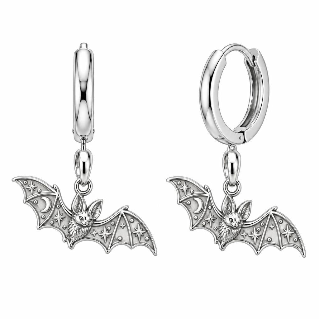 Starry Night Bat Huggie Charm Earrings – silver, front view