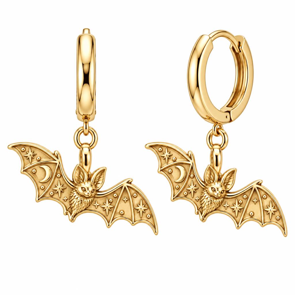 Starry Night Bat Huggie Charm Earrings – 18K gold, front view
