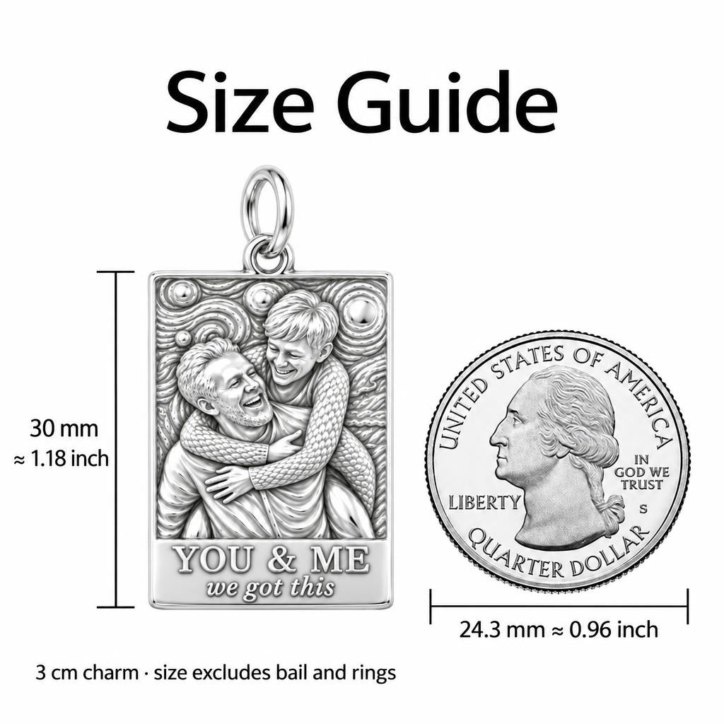 Starry Night Embrace Charm Bracelet – Personalized Couple Gift – size guide, 3 cm charm next to a quarter