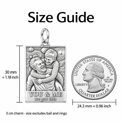Starry Night Embrace Charm Bracelet – Personalized Couple Gift – size guide, 3 cm charm next to a quarter