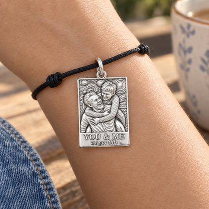 Starry Night Embrace Charm Bracelet – Personalized Couple Gift – worn on the wrist on a black cord bracelet