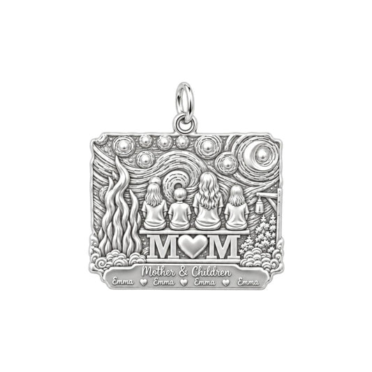 Starry Night Family Charm Bracelet – Personalized Mom Gift – silver plated 3 cm charm, front view