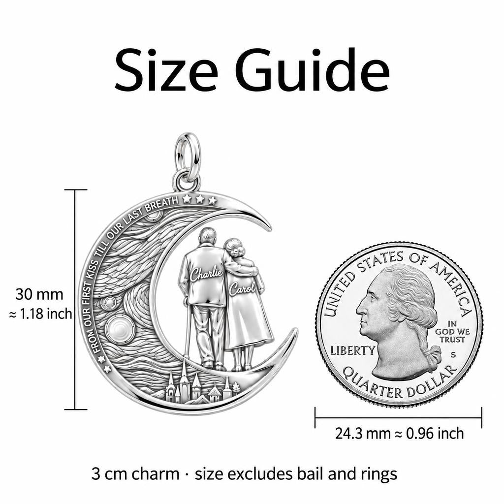 Starry Night Moon Couple Charm Bracelet – Personalized Couple Gift – size guide, 3 cm charm next to a quarter
