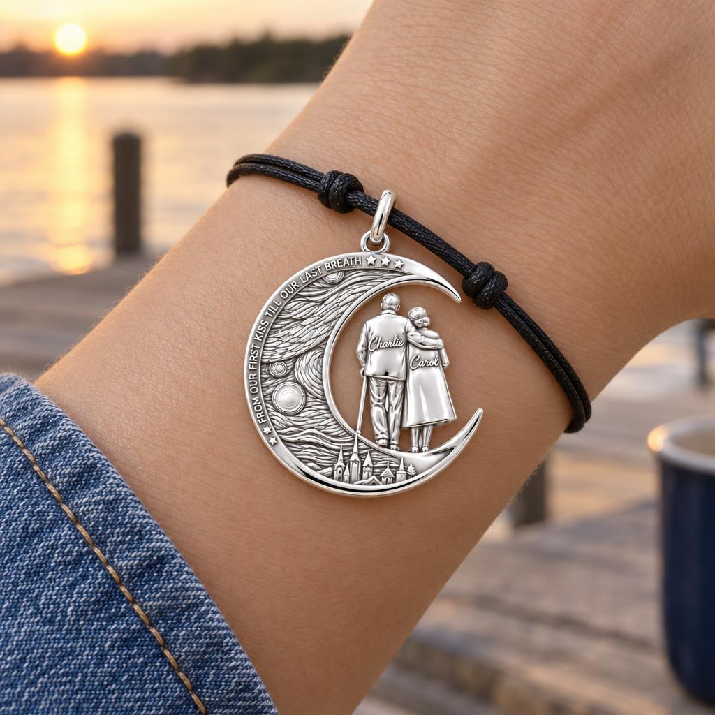 Starry Night Moon Couple Charm Bracelet – Personalized Couple Gift – worn on the wrist on a black cord bracelet