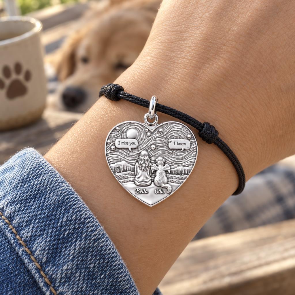 Starry Night Pet Memorial Charm Bracelet – Personalized Dog Mom Gift – worn on the wrist on a black cord bracelet