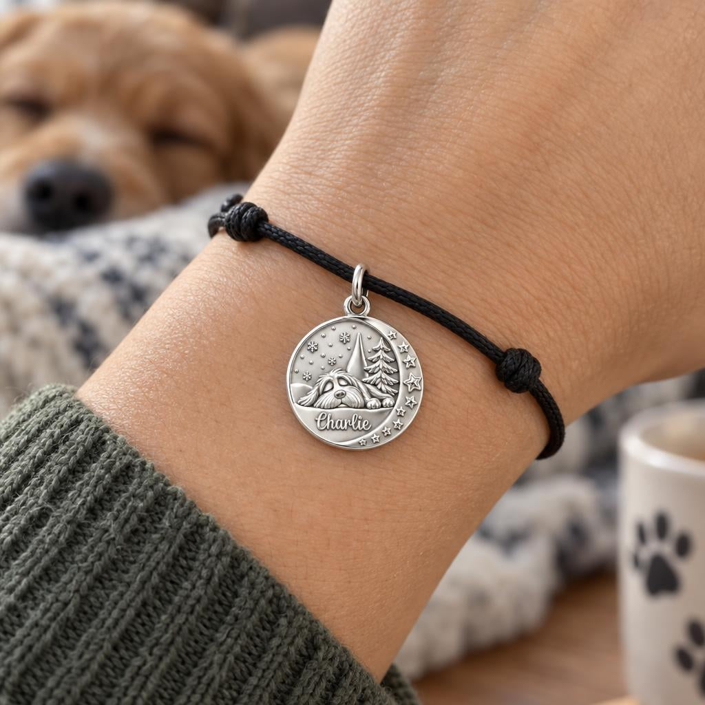 Starry Night Slumber Charm Bracelet – Personalized Dog Mom Gift – worn on the wrist on a black cord bracelet