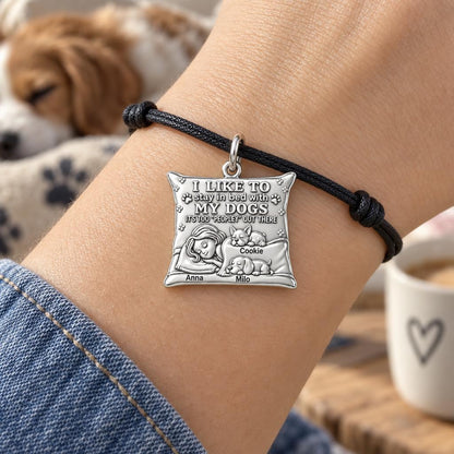 Stay In Bed With My Dogs Charm Bracelet – Personalized Dog Mom Gift – worn on the wrist on a black cord bracelet