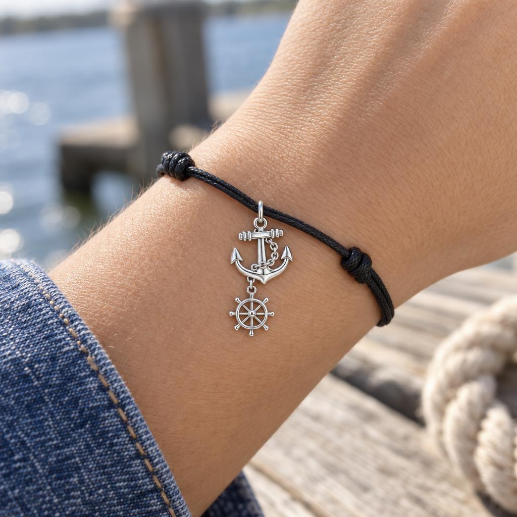 Steady Anchor Charm Bracelet – Personalized Couple Gift – worn on the wrist on a black cord bracelet