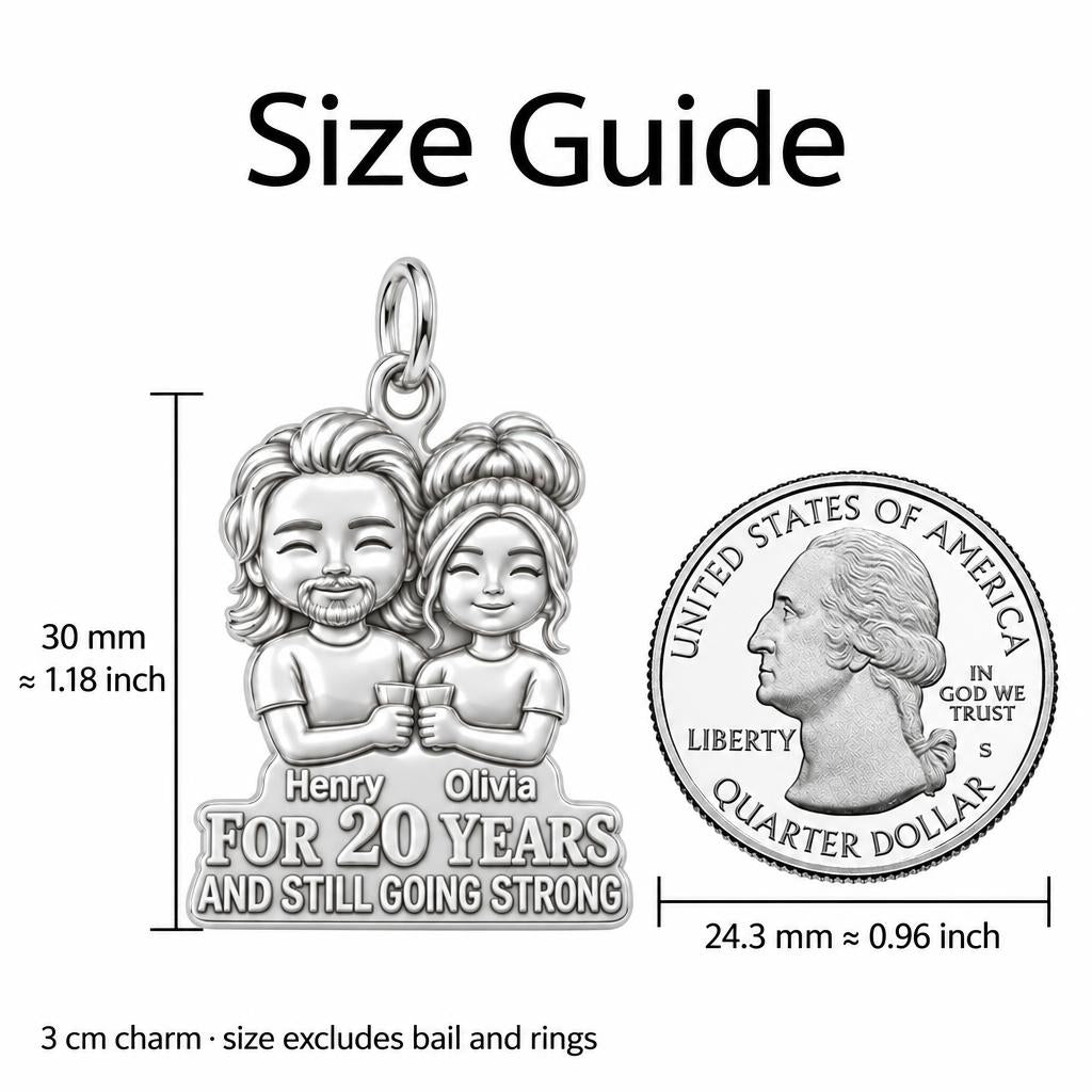 Still Going Strong Charm Bracelet – Personalized Couple Gift – size guide, 3 cm charm next to a quarter