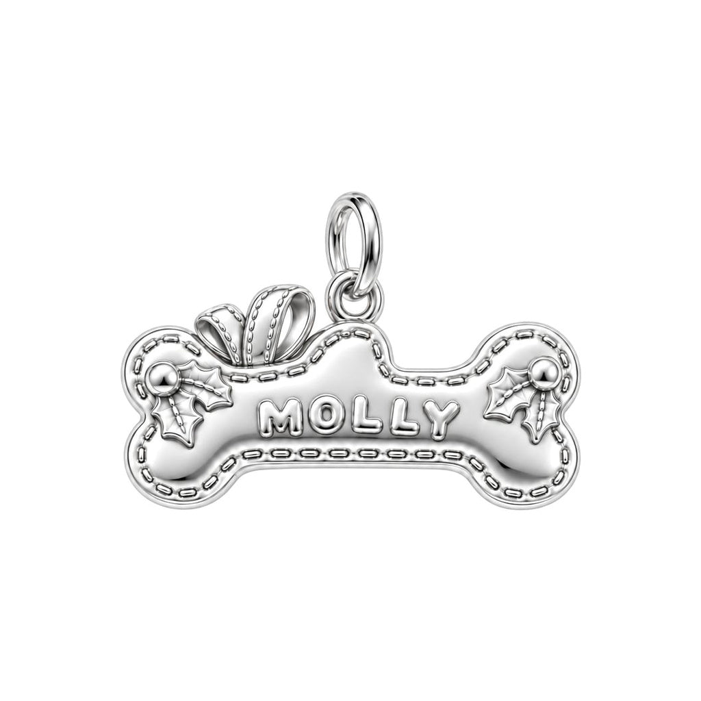 Stitched Holiday Bone Charm Bracelet – Personalized Dog Mom Gift – silver charm, front view