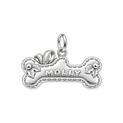 Stitched Holiday Bone Charm Bracelet – Personalized Dog Mom Gift – silver charm, front view