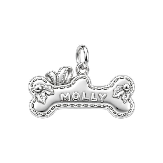 Stitched Holiday Bone Charm Bracelet – Personalized Dog Mom Gift – silver charm, front view