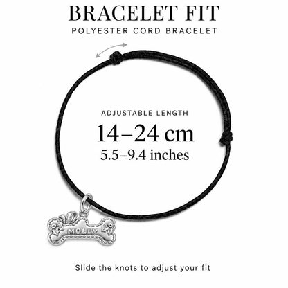 Stitched Holiday Bone Charm Bracelet – Personalized Dog Mom Gift – adjustable black cord bracelet, 14–24 cm
